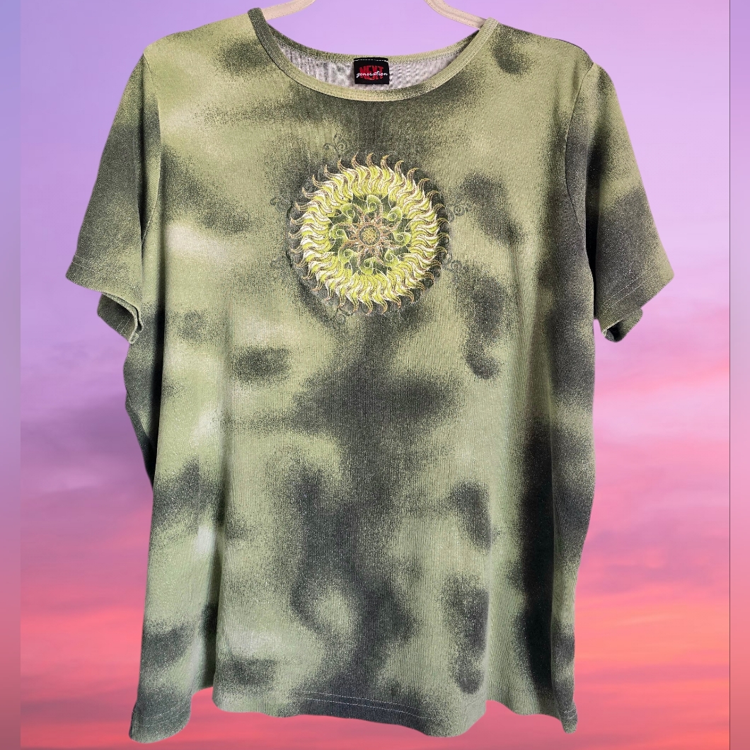 Y2k Sparkly Green Mandala Abstract Tee